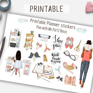 May include: Printable planner stickers featuring illustrations of a woman working at a desk, a woman reading a book, and a woman holding a pair of scissors. The stickers also include a variety of office supplies, such as a planner, a stapler, and a tape dispenser. The text "Plan with Me Part 3 Bonus" is included in the image.