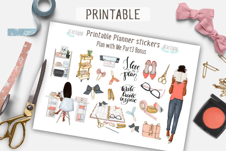 May include: Printable planner stickers featuring illustrations of a woman working at a desk, a woman reading a book, and a woman holding a pair of scissors. The stickers also include a variety of office supplies, such as a planner, a stapler, and a tape dispenser. The text "Plan with Me Part 3 Bonus" is included in the image.