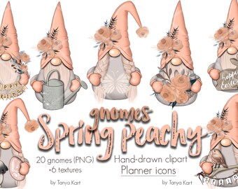 Easter Gnomes Spring Stickers Clipart Pack, Peachy Gnomes Planner Stickers Clipart Bundle - for Invitations and Commercial Use