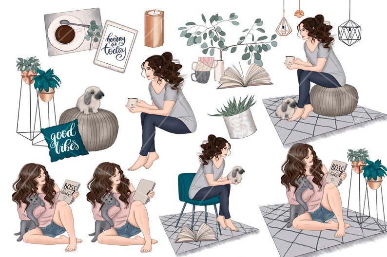 Hygge Home Clipart, Girly Clipart Bundle, Planner Girl Clipart, Hand-Drawn Fashion Illustrations for Craft Supplies & Scrapbooking