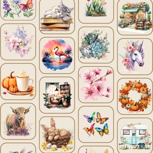 Peut inclure: Un motif r&eacute;p&eacute;titif avec des illustrations &agrave; l'aquarelle de divers objets et sc&egrave;nes. Comprend un chat dormant sur des livres, un flamant rose au coucher du soleil, une licorne avec des fleurs, des citrouilles, des papillons et une caravane fleurie.