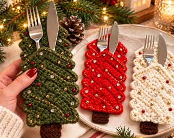 Christmas Cutlery Holders Crochet Pattern PDF | Tree Flatware Pocket | Holiday Table Decor | Beginner Christmas Crochet Instant Download DIY
