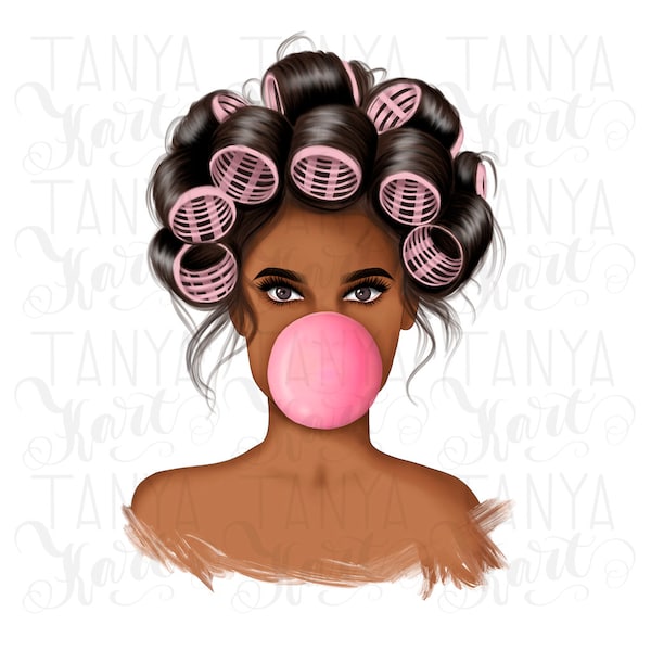 Melanin Mädchen bläst Rosa Bubble Gum Png für Sublimation, Mode Afro Frau Png Sofort Download druckbare Aufkleber