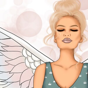 May include: Digital illustration of a woman with closed eyes, blonde hair in a bun, and angel wings. She wears a teal top with a crown pattern. The background has soft pink and white circles.