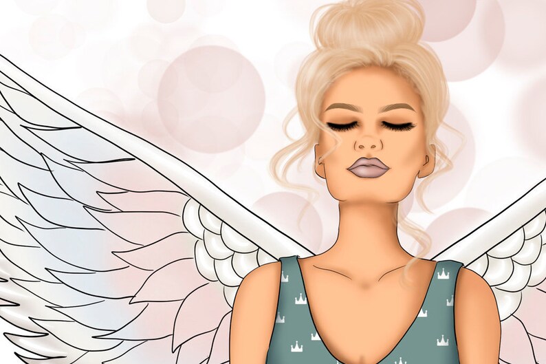 May include: Digital illustration of a woman with closed eyes, blonde hair in a bun, and angel wings. She wears a teal top with a crown pattern. The background has soft pink and white circles.
