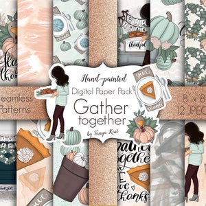 Fall Digital Papers, Autumn Patterns,Gather Together,Thanksgiving Paper,Give Thanks Papers,Planner Diy,Planner Supplies,Turkey Digital Paper