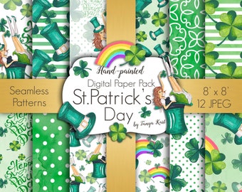 St Patricks Paper, Seamless Pattern, Girly Digital Paper, Spring Digital Paper, March Digital Paper, Green Paper, Planners Paper