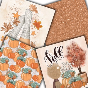 May include: A collection of fall-themed digital papers. One paper features a pattern of orange pumpkins with blue-green succulents. Another shows feet in white cable-knit socks with falling leaves. The word "Fall" is written in script.