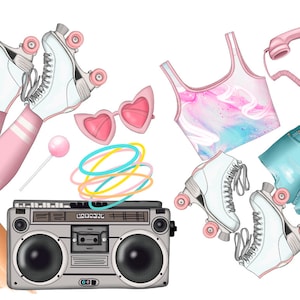 May include: A retro boombox with a cassette tape, pink roller skates, a pink and blue tank top, blue denim shorts, pink heart-shaped sunglasses, a pink rotary phone, and two pink lollipops.