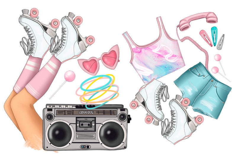 May include: A retro boombox with a cassette tape, pink roller skates, a pink and blue tank top, blue denim shorts, pink heart-shaped sunglasses, a pink rotary phone, and two pink lollipops.