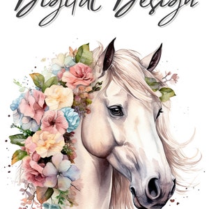 White Horse With Flowers Png for Sublimation, Watercolor Horse Png Instant Download, Floral Farm Animal, Digital Print Art