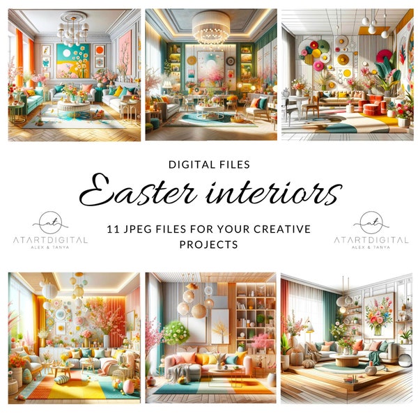 Easter Interiors for Wedding Decorations, Junk Journal Clip Art Image Files, Spring Clipart for Commercial Use, Easter House, Paper Crafts