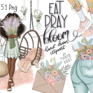 Lente mode planner stickers clipart, bloemen clipart voor commercieel gebruik, Afro-Amerikaanse planner stickers, aquarel mode clipart