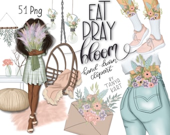 Spring Fashion Planner Stickers Clipart, Floral Clipart for Commercial Use, African American Planner Stickers, Watercolor Fashion Clipart