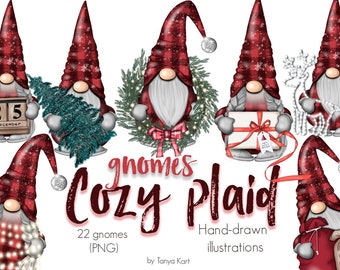 Buffalo Plaid Gnomes Christmas Planner Stickers, Red Christmas PNG Digital Download for Scrapbooking & Commercial Use