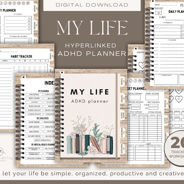 ADHD Digital Planner Mental Health Journal for Adults, Self-care and Habit Trackers, Organization Planner, GoodNotes Planner, Hyperlinked