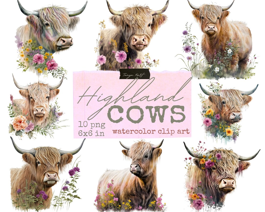 Highland Cow With Flowers Png Instant Download Clipart for Commercial ...