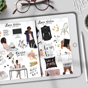 Puede incluir: Un conjunto de pegatinas digitales para planificadores con ilustraciones de una mujer en un entorno empresarial. Las pegatinas incluyen frases como "Wife Mom Boss", "I'm not bossy I'm the boss", y "Like a Boss".
