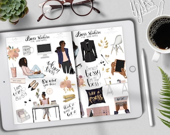 Afro Girl Boss Stickers for Goodnotes, Business Stickers, Boss Dark Skin, Goodnotes Digital Stickers, Mom Life Ipad, Digital Planner Icons