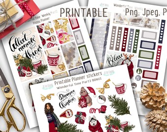 May include: Printable Christmas planner stickers with a winter theme. The stickers feature a variety of designs, including a mug of hot cocoa, a woman in a winter coat, a husky dog, a teddy bear, and a Christmas tree. The stickers are perfect for adding a festive touch to your planner.
