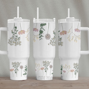 Vaso envolvente con flores silvestres, diseño de sublimación, PNG para vasos, Cultiva pensamientos positivos, PNG