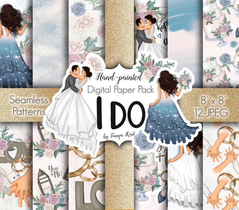 A digital paper pack with 12 seamless patterns featuring wedding themes. The patterns include illustrations of brides and grooms, flowers, cakes, rings, and the words "I do". The patterns are 8 inches by 8 inches and are in JPEG format.