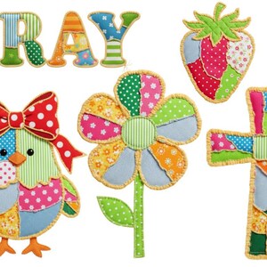 Peut inclure: Appliques en tissu patchwork color&eacute; repr&eacute;sentant le mot &laquo; PRAY &raquo;, un oiseau avec un n&oelig;ud, une fleur, une fraise et une croix. Les motifs pr&eacute;sentent divers motifs et couleurs, notamment des pois et des imprim&eacute;s floraux.