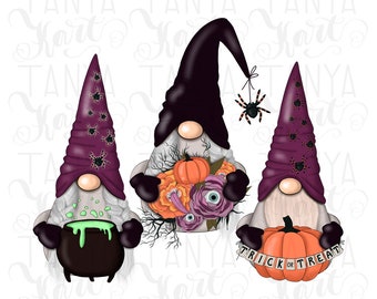 May include: Three Halloween gnome illustrations. One gnome holds a cauldron of green liquid, another holds flowers and a pumpkin, and the third holds a pumpkin with a "Trick or Treat" banner. Each gnome wears a tall hat.