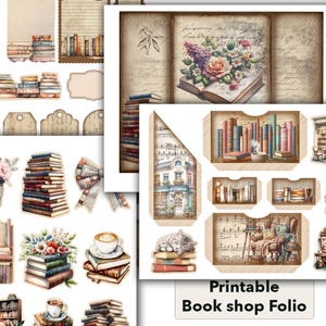 May include: Printable book shop folio with images of books, a cat, a coffee cup, a bookshelf, and a cozy armchair. The folio includes a variety of decorative elements, such as flowers, ribbons, and music notes.