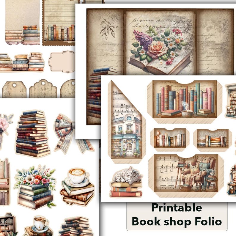May include: Printable book shop folio with images of books, a cat, a coffee cup, a bookshelf, and a cozy armchair. The folio includes a variety of decorative elements, such as flowers, ribbons, and music notes.