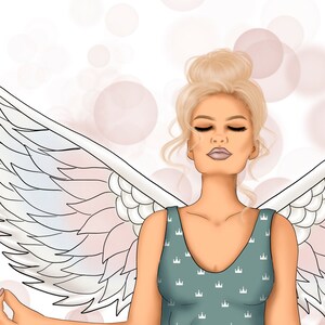May include: Digital illustration of a woman with blonde hair in a bun, closed eyes, and light makeup. She wears a teal tank top with a crown pattern and has white and pink angel wings. Soft pink circles are in the background.