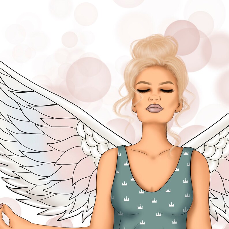 May include: Digital illustration of a woman with blonde hair in a bun, closed eyes, and light makeup. She wears a teal tank top with a crown pattern and has white and pink angel wings. Soft pink circles are in the background.