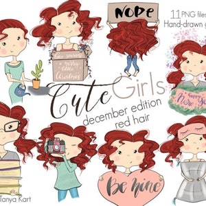 Pode incluir: Conjunto de 11 ilustrações digitais de meninas fofas com cabelo ruivo encaracolado. As meninas são retratadas em várias poses e com diferentes acessórios, incluindo um livro, uma câmera, um coração, uma máscara para dormir e uma coroa. O texto "Cute Girls December Edition Red Hair" está incluído na imagem.