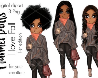 Fall Girl Planner Doll Clipart - Png Digital Download for Coffee Lovers, Coffee Girl Planner Stickers - African American Autumn Clipart