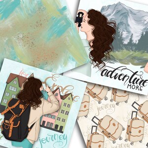 Puede incluir: Un collage digital con una mujer de cabello casta&ntilde;o tomando una foto con una c&aacute;mara. El collage incluye un fondo de acuarela azul y verde, una escena de monta&ntilde;a y un patr&oacute;n de maletas con las palabras "viaje" y "explorar".