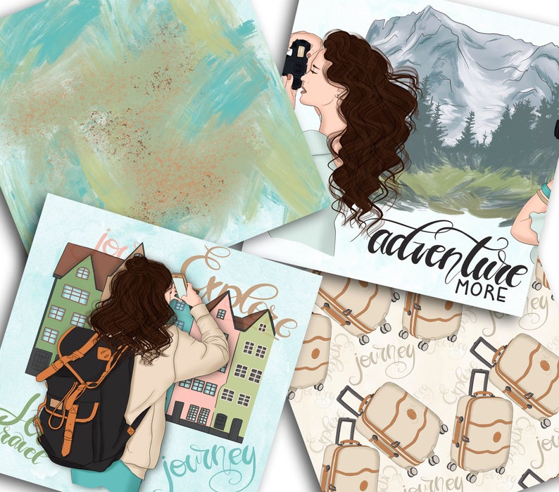 Puede incluir: Un collage digital con una mujer de cabello casta&ntilde;o tomando una foto con una c&aacute;mara. El collage incluye un fondo de acuarela azul y verde, una escena de monta&ntilde;a y un patr&oacute;n de maletas con las palabras "viaje" y "explorar".