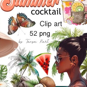 Summer Fashion Girl Clipart Set - Tropical Leaves, Hawaiian, Fruits, Flowers Scene Art, Beach Girls - Png Digital Download, Travel Planner