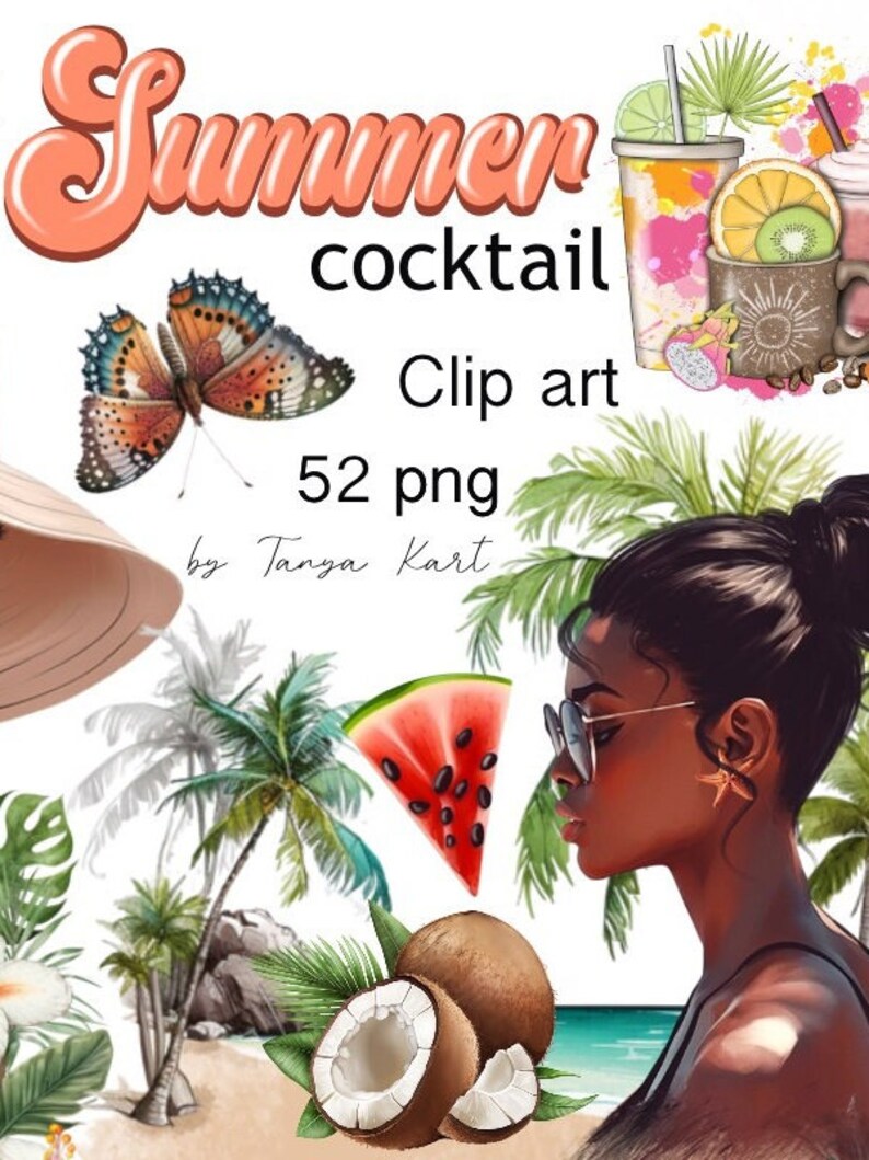 Summer Fashion Girl Clipart Set - Tropical Leaves, Hawaiian, Fruits, Flowers Scene Art, Beach Girls - Png Digital Download, Travel Planner