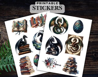 Druckbare Drachen Aufkleber | Fantasy Bookish Sticker Set | Cricut PNG JPEG | US Letter-Größe | Niedlicher Planer Aufkleber