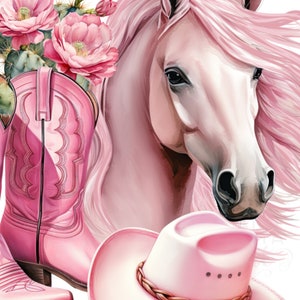May include: A pink cowboy hat with a brown braided band, a pair of pink cowboy boots, and a white horse with pink hair.