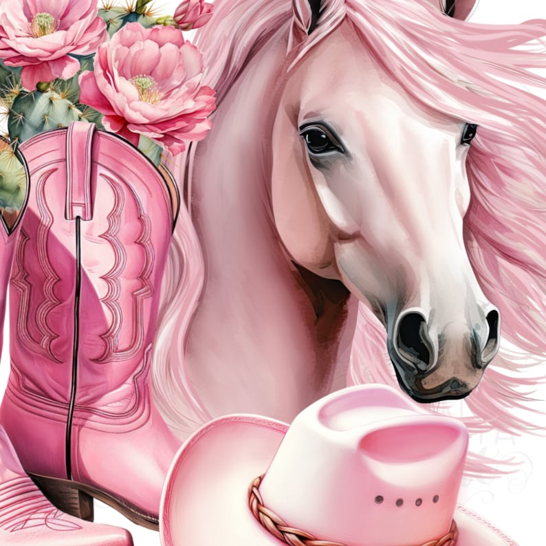 May include: A pink cowboy hat with a brown braided band, a pair of pink cowboy boots, and a white horse with pink hair.