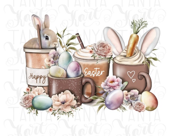 Happy Easter Coffee Cups Png Sublimation Designs, Rabbit ...