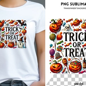 May include: White t-shirt featuring a colorful Halloween-themed design. The design includes jack-o'-lanterns, ghosts, bats, candy, and the words "Trick or Treat". Perfect for Halloween.