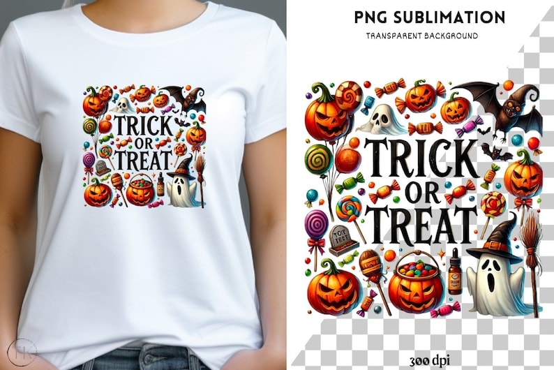 May include: White t-shirt featuring a colorful Halloween-themed design. The design includes jack-o'-lanterns, ghosts, bats, candy, and the words "Trick or Treat". Perfect for Halloween.