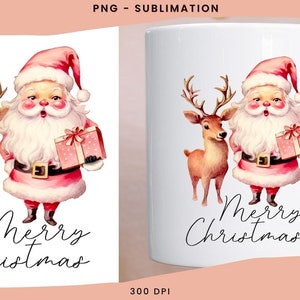 May include: White ceramic mug featuring a watercolor illustration of Santa Claus, a reindeer, and a gift box. The design includes the text "Merry Christmas" in a script font. The image is a sublimation print.