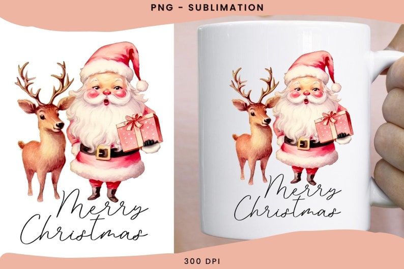 May include: White ceramic mug featuring a watercolor illustration of Santa Claus, a reindeer, and a gift box. The design includes the text "Merry Christmas" in a script font. The image is a sublimation print.