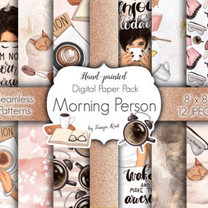 Patrón de persona matutina, patrón de moda, diseño de superficies, diseño de agenda, patrones de café, papeles sin costuras, paquete de papel digital, hora del café
