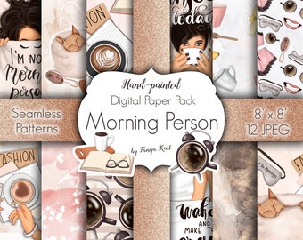 Morning Person Pattern, Fashion Pattern, Surface Design, Planner Design, Coffee Patterns, Seamless Papers, Digital Paper Pack, Coffee Time