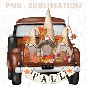 May include: A digital illustration of a brown pickup truck bed filled with three gnomes, pumpkins, and fall leaves. The gnomes wear tall, pointed hats and hold fall-themed items. A banner reading "FALL" hangs from the truck.