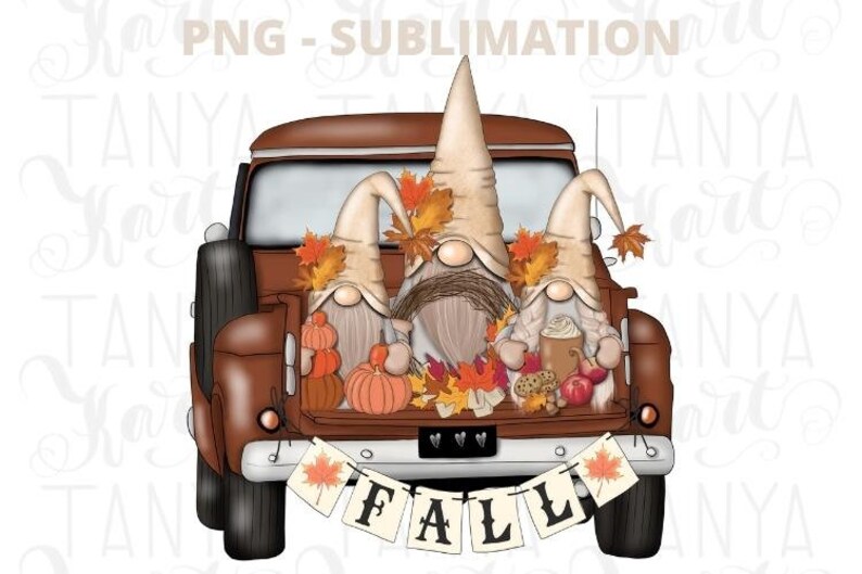May include: A digital illustration of a brown pickup truck bed filled with three gnomes, pumpkins, and fall leaves. The gnomes wear tall, pointed hats and hold fall-themed items. A banner reading "FALL" hangs from the truck.